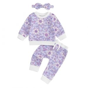 Dazzerake Ensemble B&eacute;b&eacute; Fille 3Pcs Ensemble Fille Imprim&eacute; &agrave; Fleur Haut + Pantalon + Bandeau Tenue Chic B&eacute;b&eacute; Fille 6 Mois-4 Ans Automne Printemps Hiver (Violet, 2-3T) (gaokana, neuf)