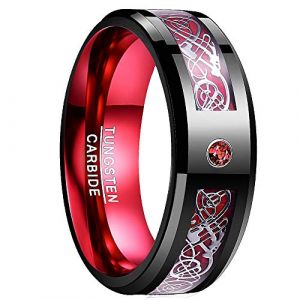 NUNCAD 8mm Bague Noir + Rouge avec Motif de Dragon Celtique Blanc et Fibre de Carbone +Zircon Rouge en Tungsène Bague de Souvenir Fiançailles Quotidien Loisir Taille 60(19.1) (NUNCAD FR, neuf)