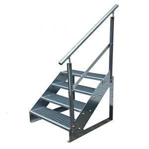 Premium Caillebotis acier Escalier &agrave; limon 4 Marches Autoportant Enti&egrave;rement galvanis&eacute; avec garde-corps &agrave; droite - Dimensions (L x l x H) 82cm x 140cm x 76cm (DF-Shopping GmbH, neuf)
