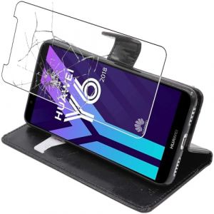 ebestStar - Coque Compatible avec Huawei Y6 2018 Etui PU Cuir Housse Portefeuille Porte-Cartes Support Stand, Noir + Film Protection écran Verre Trempé [Appareil: 152.4 x 73 x 7.8mm, 5.7''] (ebestPro-fr, neuf)