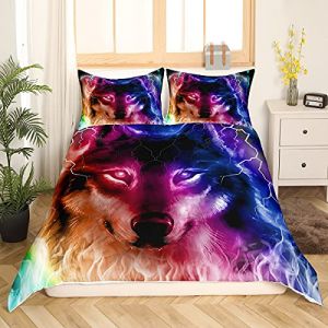 Homemissing Wild Wolf Parure de Lit 140x200cm 3D Wolf Print Parure Housse de Couette Safari Animal Pattern Housse de Couette Luxury Room Decor Colroful Gradient Collection (Bofanshangmao, neuf)