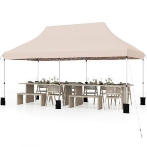 GOPLUS 3x6M Tonnelle Jardin Pliable, Hauteur Réglable, Entrées Zippées, Fenêtres, Sac de Transport, Sac Lesté Pavillon Portable Instantanée Pop-Up pour Fête,Mariage (3x6M-Pliable,Beige-sans Bâche) (Augenstern24, neuf)