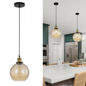HJXDtech Lampe Suspendue Vintage Industriel avec Globe en Verre Artistique de 20cm, Finition Bronze Antique E27,Suspension Luminaire R&eacute;tro Loft pour Salle &agrave; Manger, Chambre et Salon (Ambr&eacute;) (HJXDtech, neuf)