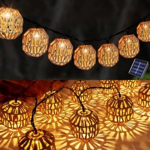 Guirlande Lumineuse Solaire,10 Boules en Rotin LED Solaire Lumineuse,8 Modes Lampe à Boule Solaire en Rotin pour l'extérieur,Guirlande Lumineuse Exterieure,Blanc Chaud Lumineuse Solaire d'extérieur (ZonQ, neuf)