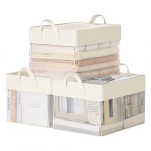 SONGMICS Boîtes de Rangement, Lot de 3, Panier de Rangement, Taille Moyenne, en Tissu, Pliable, Filet de Nylon Transparent, 40 x 30 x 25 cm, Poignées, pour Chambre, Salon, Couleur Crème RFB940W01 (SONGMICS HOME FR, neuf)