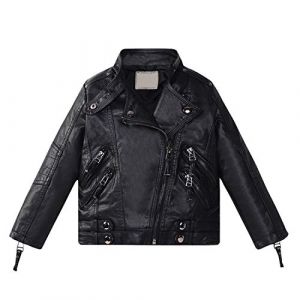 De feuilles CHIC-CHIC Blouson Motard Veste Faux cuir Fille Garcon - en simili cuir - Manche Longue - Manteau Automne D'hiver pour Enfant (7-8ans, Noir) (De feuilles, neuf)