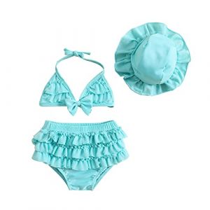 Geagodelia Ensemble Maillot de Bain Bébé Fille de 2 Pièces Bikini Suit à Volant Orné des Fleurs avec Chapeau de Soleil, Bleu Clair, 12-18 Mois, Taille Fabriquant 90 (xiqingluo, neuf)
