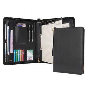 Wason Porte-documents A4 avec Fermeture &Eacute;clair - Padfolio en Cuir PU avec Classeur &agrave; Anneaux D&eacute;tachable et Support Bloc-Notes, Organiseur Conf&eacute;rence Multi-Poches pour Bureau Voyage &Eacute;cole(Noir) (Wason eu, neuf)