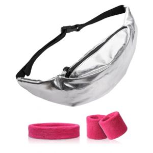 MRVOEBC Sac banane des ann&eacute;es 80 et 90 avec bandeau &eacute;ponge, pour homme et femme, neutre, en cuir PU, sac banane pour f&ecirc;te r&eacute;tro, sac banane, sac &agrave; main, sac de motard, argent&eacute;, Taille unique (TaoTaoShuoGuo, neuf)