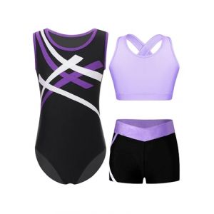 Yruioon 3 Pi&egrave;ces Tenue De Gymnastique Pour Filles Sans Manches Justaucorps Ray&eacute; Haut De Sport Short Tenue Gym V&ecirc;tements Gymnastique 5-16 Ans Violet 11-12 ans (Yruioon, neuf)