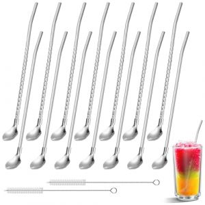 14 Pièces Cuillère Paille À Cocktail Inox, Cuillère Paille Reutilisable avec 2 Brosses de Nettoyage, Pailles Avec Cuillère 2 en 1 Pailles A Granité pour les Shakes, Cocktails, Smoothies (GUANYONGCHUAN, neuf)