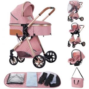 ALYIKOU-poussette 3 en 1，Combinaison pliable poussette 3 in 1，poussette bebe 0 a 3 ans Housse de pluie, sac Mommy, moustiquaire, accessoires de siège, adaptateur universel (LV9 Couleur rose) (ALYIKOU BRAND, neuf)