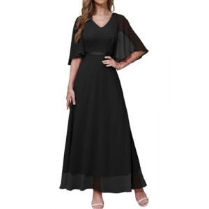 DRESSTELLS Robe de Soirée Femme Élégante en Col V pour Cocktail Cérémonie Bal de Promo, Robe Demoiselle d'honneur Femme pour Mariage Invité avec Manches Courtes Noir M (Dresstells, neuf)