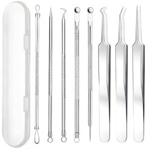 8 Pi&egrave;ces Extracteur Point Noir Professionnel, Tire Comedon Point Noir avec Pince et Perce Bouton - Tire Comedon Professionnel Blackhead Remover en Acier Inoxydabl (mingyuekejiyouxiangongsi, neuf)