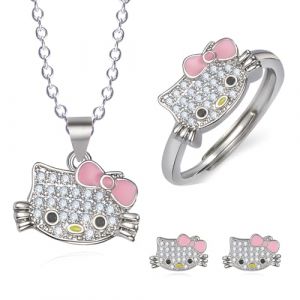 JAWUZ 3 Pièces Hello Kitty Bijoux Femme,Boucles D'Oreilles Et Collier Chat, Collier En Forme De Chat, Collier Femmes Bijoux Pour Les Femmes Filles, Mignon Chat Anneaux Femmes Bijoux (STAR DUANYUYU, neuf)