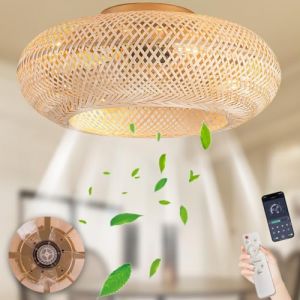 DHGIE Lampe De Ventilateur Retro Bamboo Ceiling Light Ventilateurs De Plafond Avec Lumi&egrave;re Et T&eacute;l&eacute;commande R&eacute;versible Silencieux Avec 6 Niveaux De Vitesse Du Vent Lumi&egrave;re R&eacute;glable Avec Ventilateur (DHGIE, neuf)