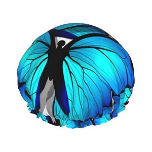 Bonnet de douche imperm&eacute;able &agrave; motif d'ailes bleues, bonnet de bain &eacute;lastique pour cheveux, protection de l'environnement, bonnet de bain pour cheveux, double couche imperm&eacute;able (MiddleWen, neuf)