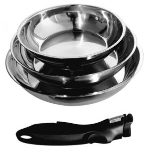 KLAUS Set de 3 poêles en inox haute qualité - Induction & four, Poignée amovible, Cuisson saine - 20/24/28 cm (EL MOUSSAOUI, neuf)