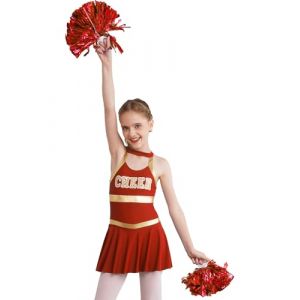 inhzoy Enfant Fille Costume Pom-Pom Girl Robe Plisée Danse Cheerleading Gymnastique Dos Nu avec Pompoms Déguisement Pompom Girl Halloween Carnaval Fete 5-16 Ans Rouge 5-6 Ans (inhzoy eu, neuf)