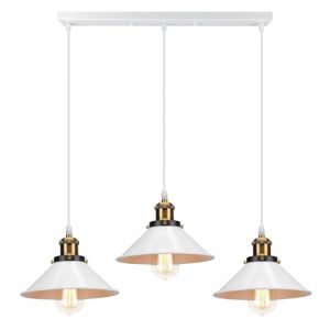 PETITES ECREVISSES Suspension Lustre Industrielle 3 Lampes Luminaire Plafonnier Vintage Lustre Abat-Jour &Oslash;22 cm en M&eacute;tal de douille E27 Lampe R&eacute;tro pour S&eacute;jour Chambre Cuisine (Blanc,3 lampes-barre) (DOO2U, neuf)