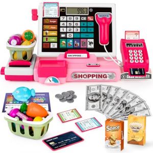 2025 Caisse enregistreuse pour Enfant, Jouet Caisse enregistreuse avec Vraie Calculatrice pour Enfants- Jouet, Scanner, Carte de crédit, Argent de Jeu, Nourriture (Rose) (wrzj, neuf)