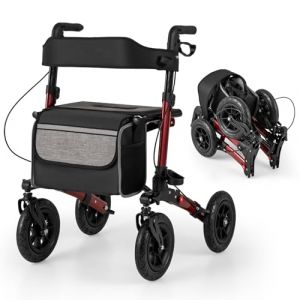 COSTWAY D&eacute;ambulateur Pliable Tout-Terrain &agrave; 4 Roues avec Si&egrave;ge, Rollator avec Pneus de 23 cm Hauteur R&eacute;glable Dossier Ergonomique et Cadre en Aluminium L&eacute;ger (62 x 82 x 81,5-97 cm,Rouge) (FDS GmbH, neuf)