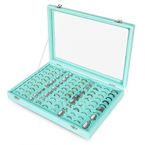 Frebeauty Plateau de rangement de bagues en velours avec couvercle transparent - 100 emplacements pour bijoux - Présentoir à bagues pour femme (turquoise) (Frebeauty Europe, neuf)