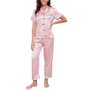 GAESHOW Ensemble de Pyjama en Satin de Soie Femme, Manches Courtes Pyjama Satin 2 Pièces Top Boutonné et Bas Pantalon Long, Pyjama en Satin pour Femme avec Boutons (Fashion Ustory, neuf)
