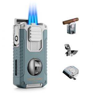 Briquet à Cigare Multifonction 5 en 1 avec Coupe Cigare en V, poinçon, Aiguilles, Porte-Cigare Le Support, Briquet Butane à Triple Jet de Flamme, sans Gaz (Vert) (Cigarking, neuf)