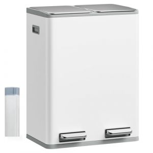 Hzuaneri Poubelle Cuisine, 60L (2 x 30 L), Poubelle Tri Selectif 2, Poubelles Tri avec Pédale Acier Inoxydable, Ilencieux et retombe Lentement, avec 15 Sacs Poubelles, pour Cuisine, Blanc SW06099W (Hzuaneri FR, neuf)