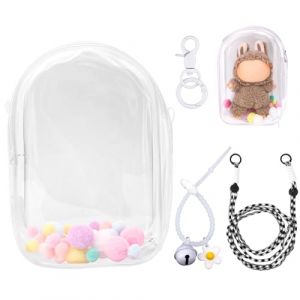 Tinoaly Vitrine Transparente Figurines, Étui de Protection pour Peluches Sac de Rangement Support Bandoulière Portable PVC Pochette Poupées avec Porte-Clés pour Accessoires Poupées 15cm/17cm (Blanc) (iHision, neuf)