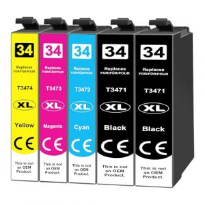 Jhaan Lot de 5 cartouches d'encre 34XL compatibles avec Epson 34 XL et 34XL Compatible avec les imprimantes Epson Workforce Pro WF-3720DWF WF-3725DWF WF-3720 WF-3725 WF3725 WF3720 WF 3725 (Jhaan, neuf)