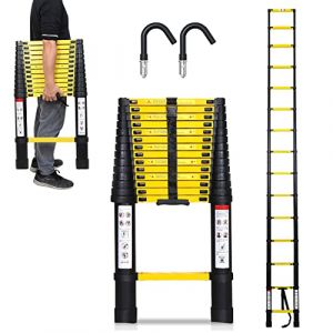 Échelle télescopique en aluminium avec crochet amovible Cecaylie 4,4 m - Échelle extensible - En aluminium antidérapant - Échelle polyvalente - Charge maximale : 150 kg - Noir et jaune M8884-YUY-1c (HAOHUOBPY, neuf)