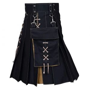 Kilt de guerrier médiéval pour homme - Mode patchwork - Poche - Jupe chevalier - Vintage gothique - Punk Rock en cuir - Jupe écossaise - Carnaval traditionnel, marron, XL (Rigyehko, neuf)