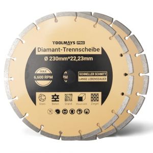 TOOLMAYS Lot de 2 Disque Diamant 230 mm pour B&eacute;ton, Pierre, Brique, Granit, Ma&ccedil;onnerie, B&eacute;ton Arm&eacute;, Disque &agrave; Tron&ccedil;onner Diamant&eacute; Al&eacute;sage 22,23 mm (Toolmays, neuf)