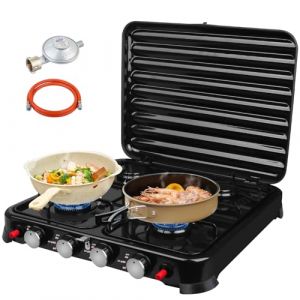 Réchaud à Gaz Portable avec 4 Feux - 2,2 KW Réchaud Gaz GPL Camping avec Tube de 1,5 m/Sac de Rangement/ 37 mbar Régulateur, Réchaud à Gaz Parfait pour le Camping, l'Extérieur, Noir (ANNA DZINTARE, neuf)