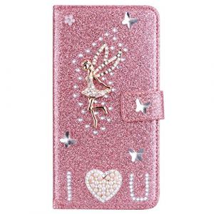 BLOTECH Coque en Cuir pour Xiaomi Redmi A3 Glitter Etui Housse Little Anges Design Luxe Bling Glitter Paillettes PU Cuir Housse Etui Fermeture Magnétique pour Carte pour Xiaomi Redmi A3 - Or Rose (Bolong, neuf)