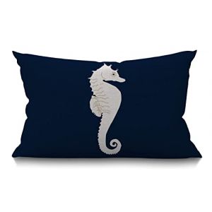 BGBDEIA Housse de coussin d&eacute;corative blanche en forme de cheval de mer, 30 x 50 cm, pour chambre, salon, bleu marine, marine nautique, motif c&ocirc;tier, oc&eacute;an, rectangulaire, pour lit, canap&eacute;, causeuse (maidimeiguo, neuf)