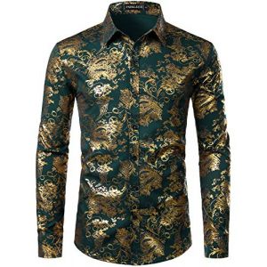 PARKLEES Chemise de luxe pour homme, imprim&eacute; &eacute;l&eacute;gant, coupe ajust&eacute;e, boutonn&eacute;e Motif cachemire dor&eacute; brillant, Vert for&ecirc;t fonc&eacute;., L (PARKLEES, neuf)