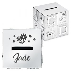Maverton Tirelire Personnalisée en Forme de Cube - Tirelire pour Enfants avec Animaux et Lettres - Boite d'épargne Argentée avec Gravure - Cadeau d’Anniversaire pour Filles Garçons Bébé - prénom (MAVERTON, neuf)