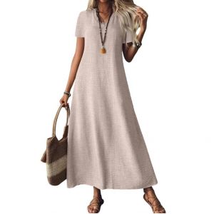 Générique Robes en Lin pour Femmes 2025, Robe Longue à col en V et Manches Courtes, Robe d'été décontractée, Longue et Fluide (Beige,S) (YuchiStore, neuf)