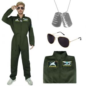 Kitimi Costume Aviateur Homme, Deguisement de Pilote Hommes, Costume De Pilote De Chasse Adulte et Collier Chien Les Lunettes de Soleil,Combinaison Aviateur Homme pour Carnaval Halloween Cosplay (W jiehui, neuf)
