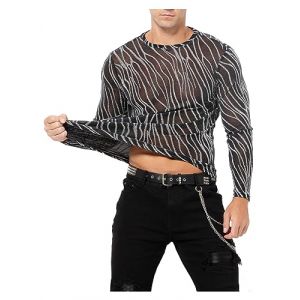 Casey Kevin Chemise Paillette Homme Tee Shirt Transparent Manche Longue T-Shirt Resille Sexy Disco Tenue Sequin Vetement Haut Fishnet Maille Costume Rave Outfit Filet Mesh Top Rayé Clubwear Bal (Casey-Kevin, neuf)