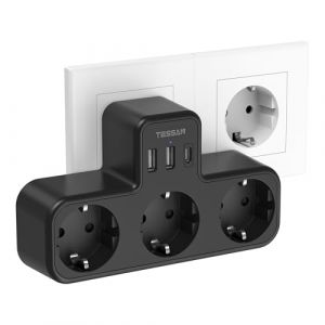TESSAN Multiprise Murale USB C, Prise Multiple Chargeur USB C 15 W, 3 Sortie AC avec 3 Ports USB, Bloc Prise Murale pour Maison Cuisine Bureau, Compatible Mobiles et Portables, Noire (Tspower, neuf)