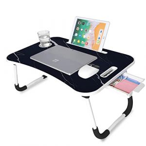 unycos - Plateau de Petit Déjeuner, Table de Lit Pliante Multifonctionnel, Plateau Bois, Support Ordinateur Portable avec Poignée, Porte-Gobelets, Porte-Tablette 60x40x26 cm (Marbre avec Tiroir) (Grupo MContigo S.L., neuf)