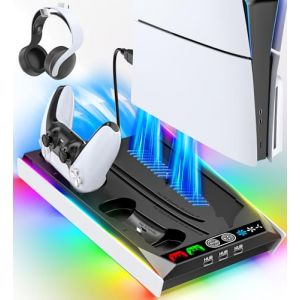 Support PS5/ PS5 Slim/ PS5 Pro pour Disque et Digital, Station de Refroidissement avec Ventilateur à 3 Niveaux, Chargeur de Manette PS5 pour Manette PS5 et Edge, Accessoires PS5/Slim/Pro (Topda Electronics, neuf)