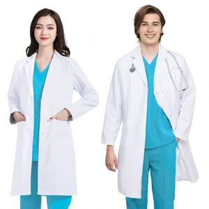 FAHAKO Blouse Blanche Chimie Lycee, Blouse Chimie Coton Femme Homme Blouse Laboratoire Manche Longue Médicale Blouse Physique Chimie Lycee avec 3 Poche Bouton pour Scientifique Infirmier Etudiant, L (Mandangu EU, neuf)