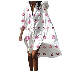 Robe de plage pour femme - Longue - Boho - Blanc - Robe d'&eacute;t&eacute; - Tunique de plage - Par&eacute;o - Robe de plage - Manteau de plage - Robe d'&eacute;t&eacute; - L&eacute;g&egrave;re - Manches courtes - Poncho de plage - Fin - Veste de (Cy.betony, neuf)