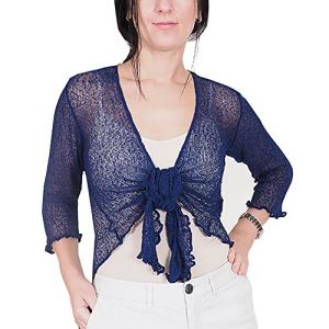Mimosa Mesdames Femme Grande Taille Boléro au Crochet Briller en Dentelle Plaine Etendue Résille Cardigan Haussement D'épaules (Taille Unique, Navy) (Evoque, neuf)