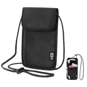 Pochette Tour de Cou Voyage Accessoires avec Bloqueur RFID Protege Passeport Portefeuilles pour Femme Homme Pochette Telephone Portable Secrète avec Tour de Cou Imperméable avec 6 Compartiments(Noir) (playexen, neuf)